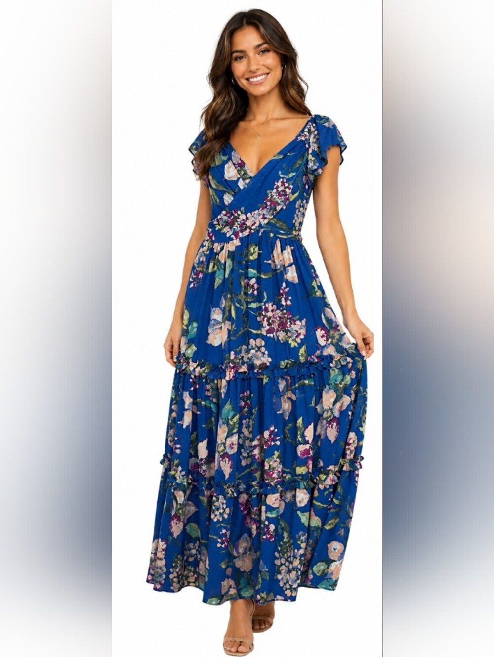 Aqua Blue Floral Tiered Maxi Dress with Ruffle Straps Size Medium